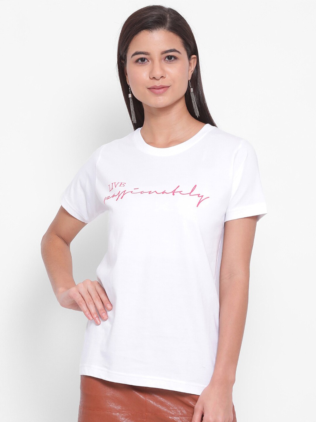

YOLOCLAN Typography Printed Round Neck Short Sleeves Pure Cotton T-shirt, White
