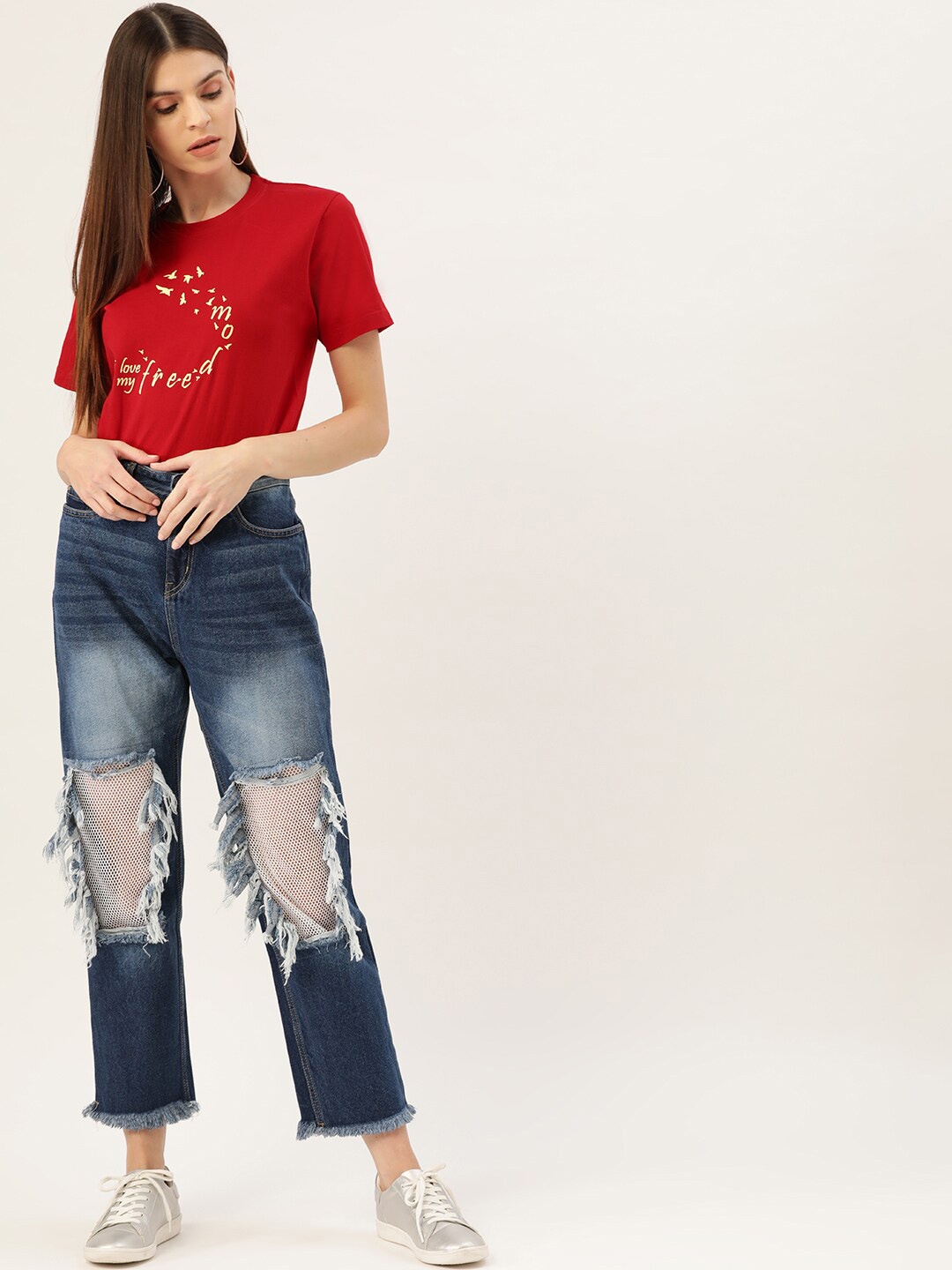 

YOLOCLAN Typography Printed Round Neck Pure Cotton T-shirt, Red