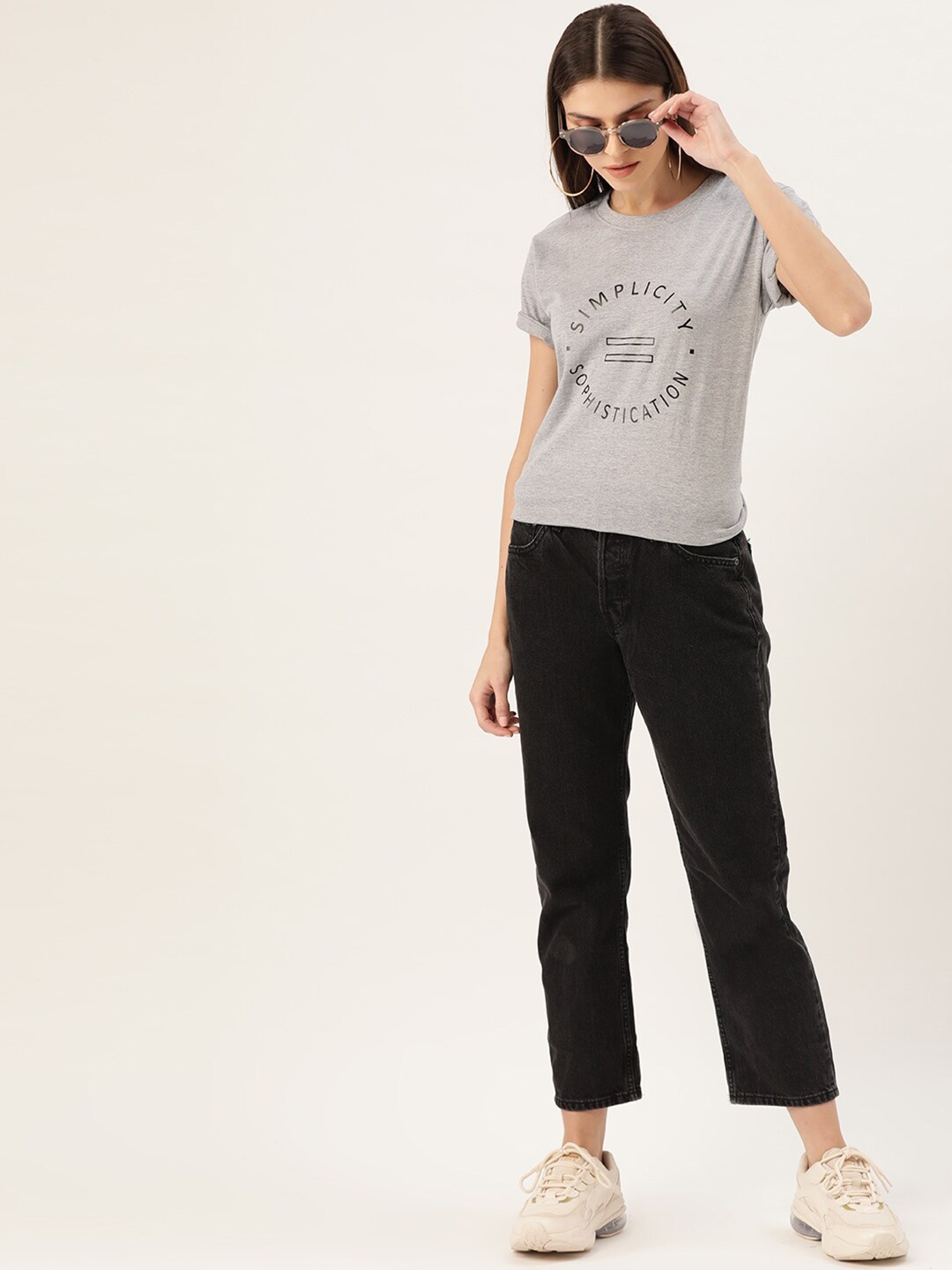 

YOLOCLAN Typography Printed Round Neck Pure Cotton T-shirt, Grey