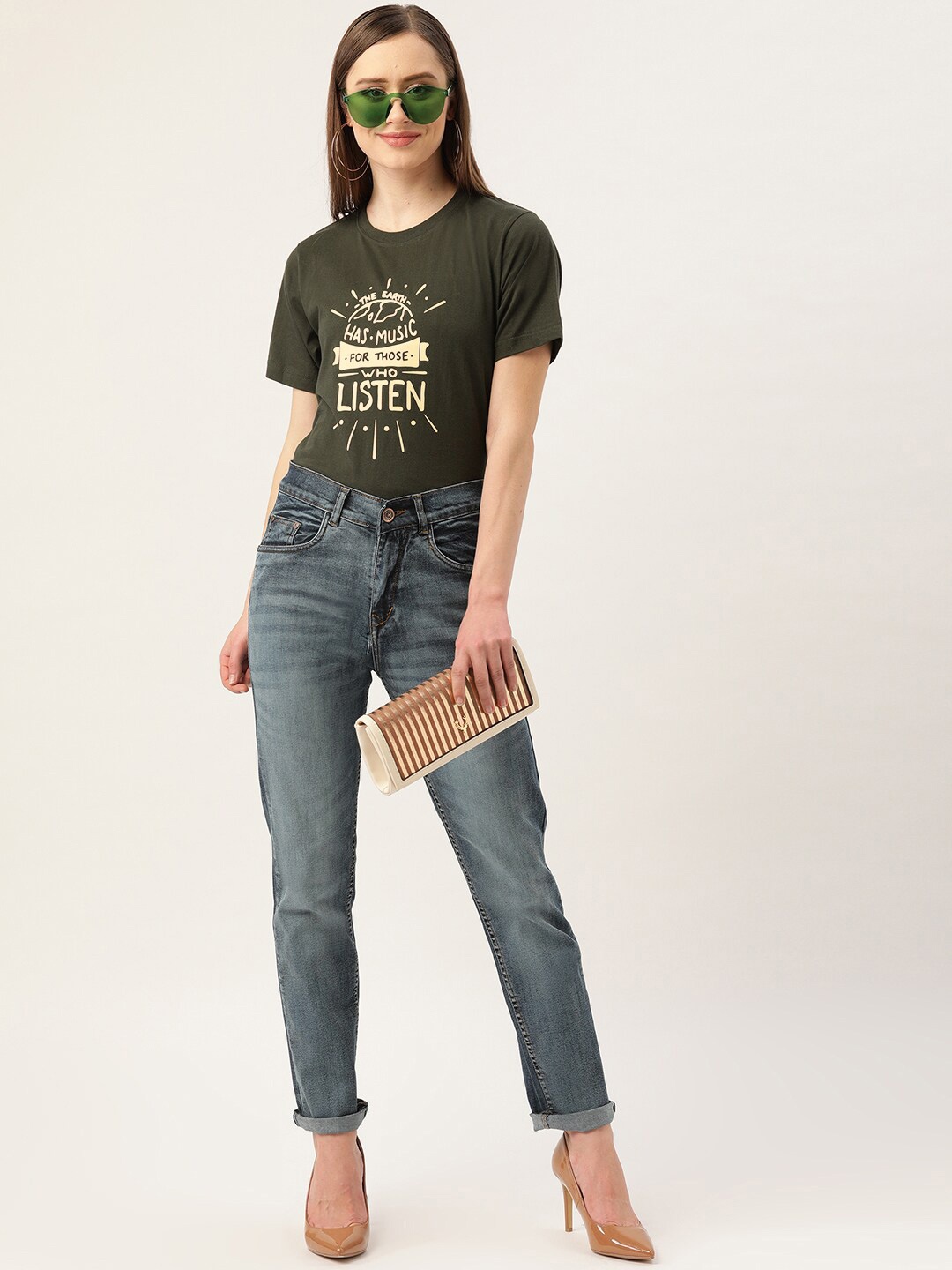 

YOLOCLAN Typography Printed Pure Cotton T-shirt, Green