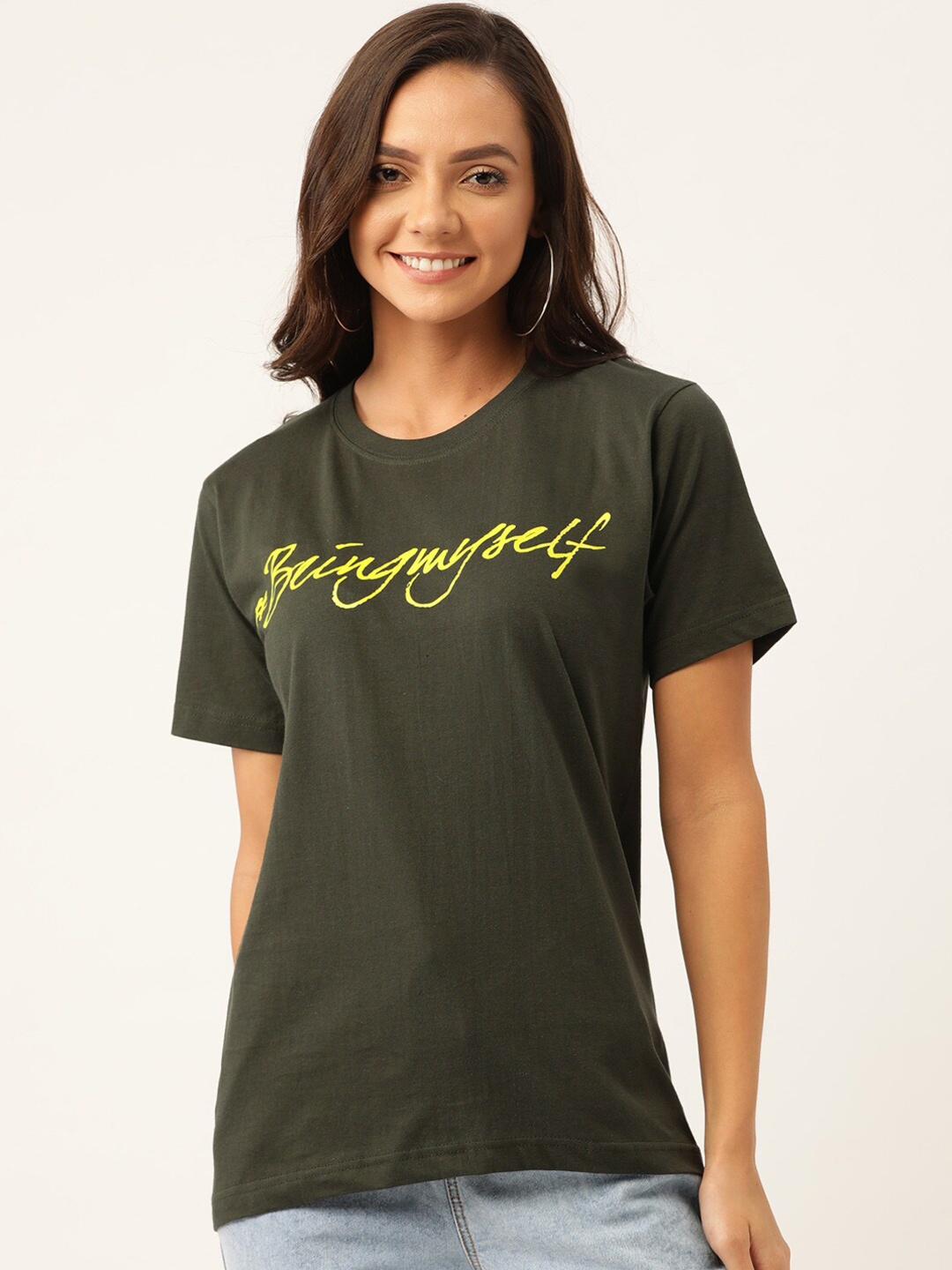 

YOLOCLAN Typography Printed Pure Cotton T-shirt, Green