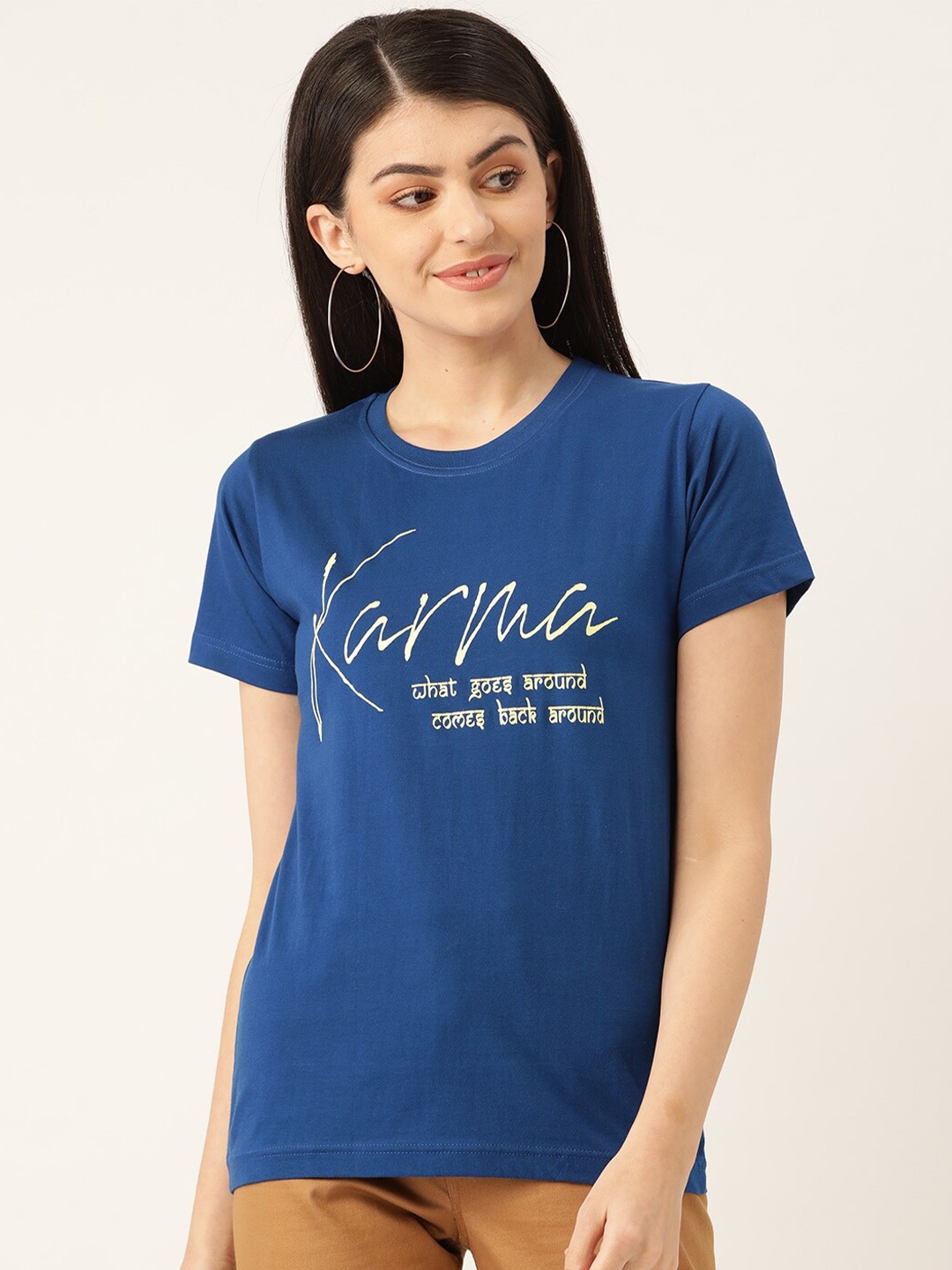 

YOLOCLAN Typography Printed Round Neck Pure Cotton T-shirt, Blue