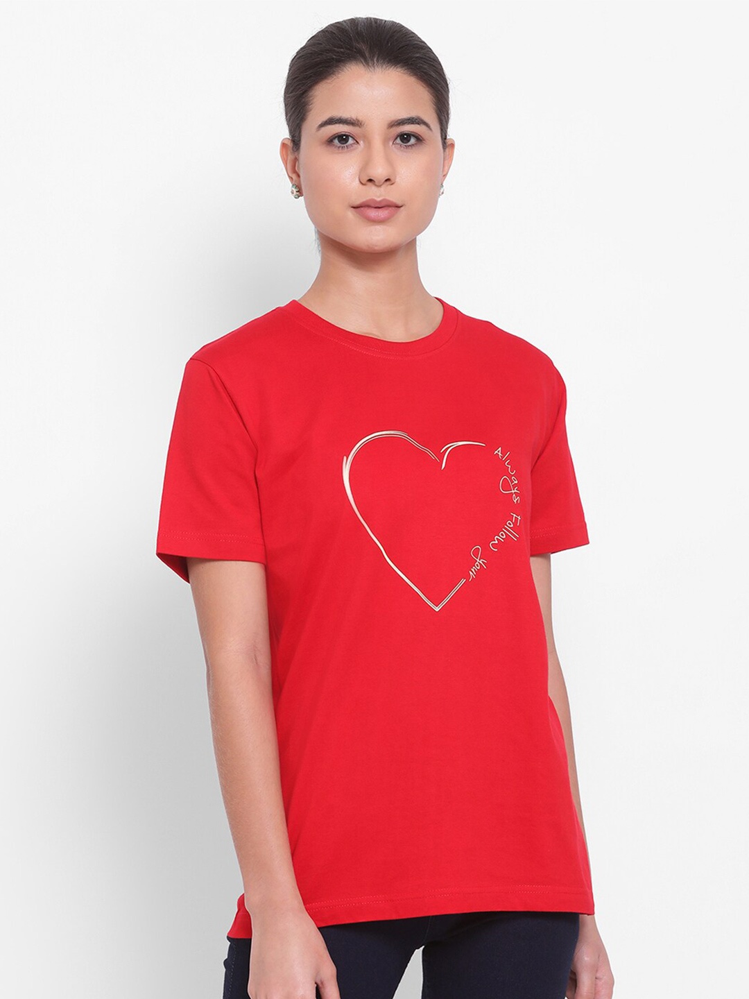 

YOLOCLAN Typography Printed Round Neck Short Sleeves Pure Cotton T-shirt, Red