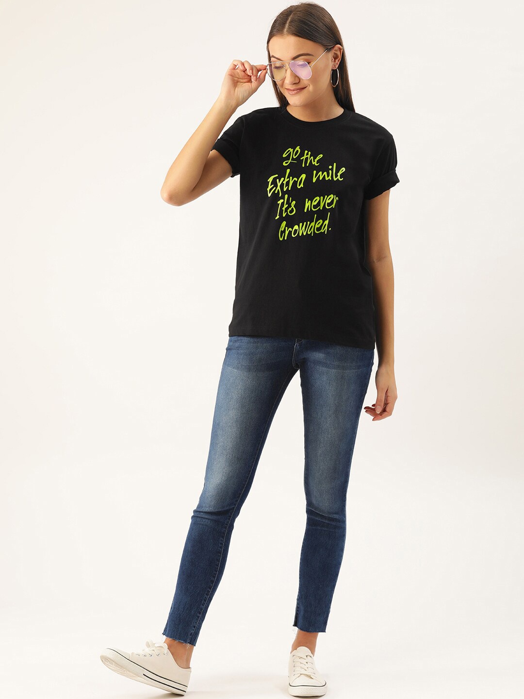 

YOLOCLAN Typography Printed Round Neck Pure Cotton T-shirt, Black