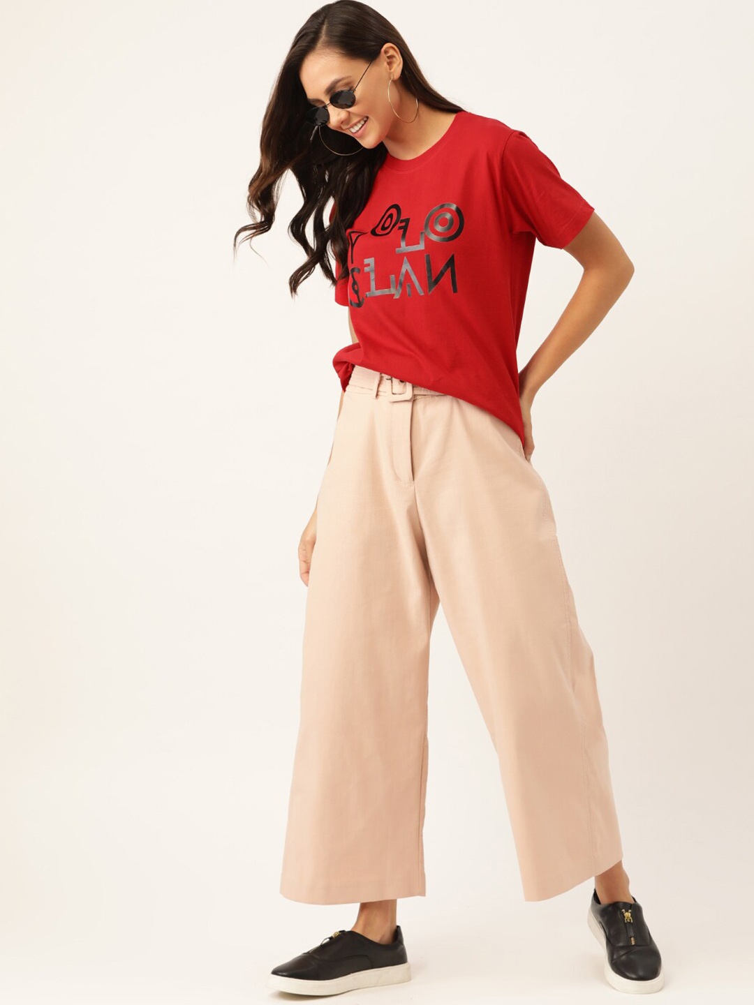 

YOLOCLAN Typography Printed Round Neck Cotton T-shirt, Red