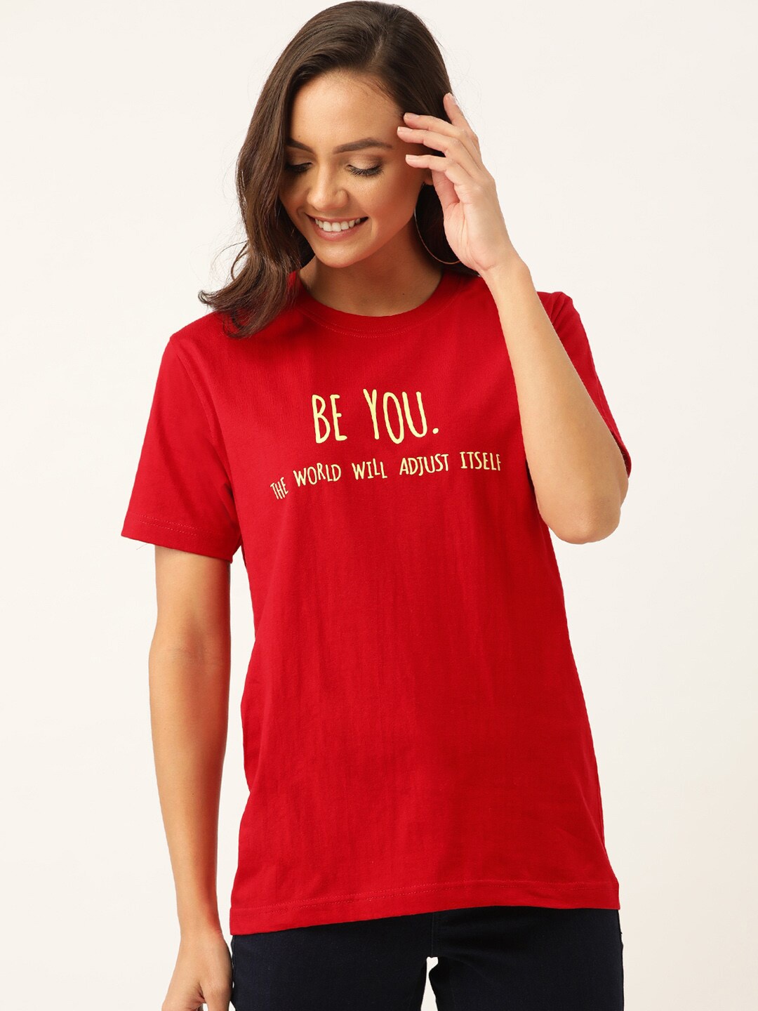 

YOLOCLAN Typography Printed Pure Cotton T-shirt, Red