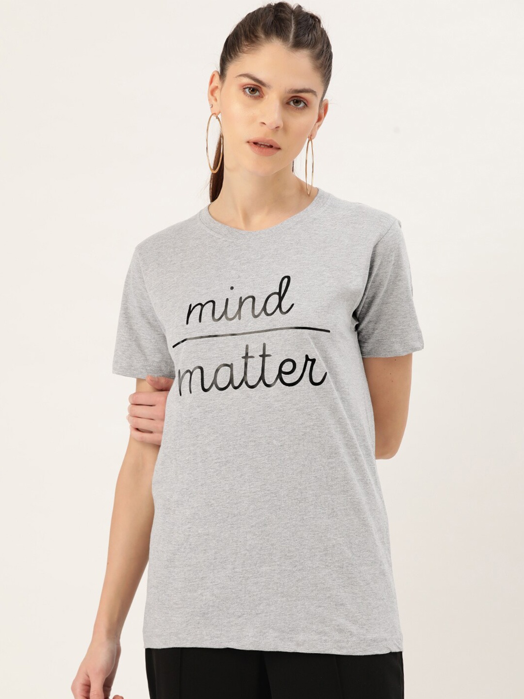 

YOLOCLAN Typography Printed Cotton Regular Fit T-shirt, Grey