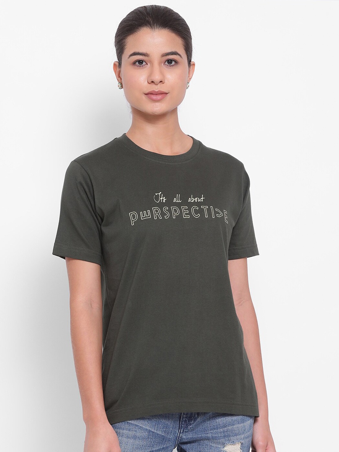

YOLOCLAN Typography Printed Round Neck Pure Cotton T-shirt, Green