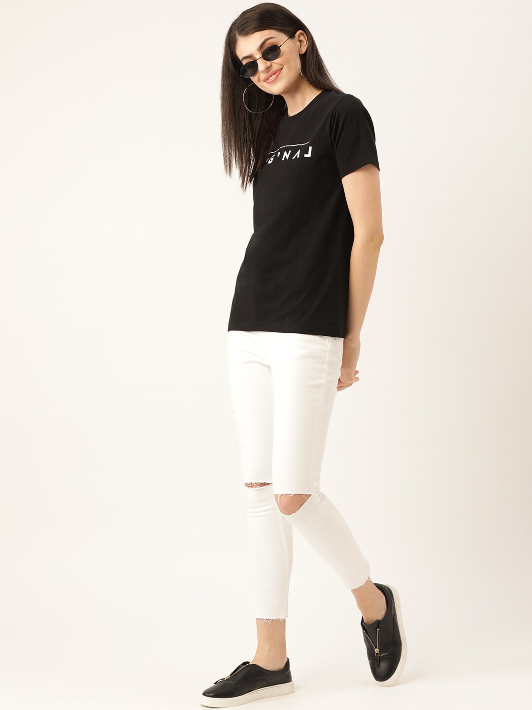 YOLOCLAN Typography Printed Pure Cotton T-shirt, Black