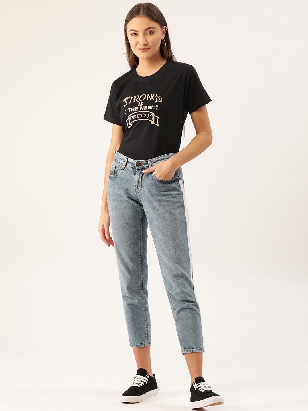 

YOLOCLAN Typography Printed Round Neck Pure Cotton T-shirt, Black