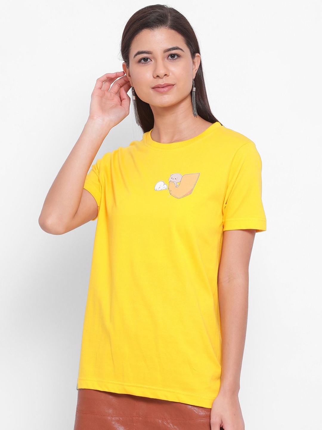 

YOLOCLAN Round Neck Pure Cotton T-shirt, Yellow