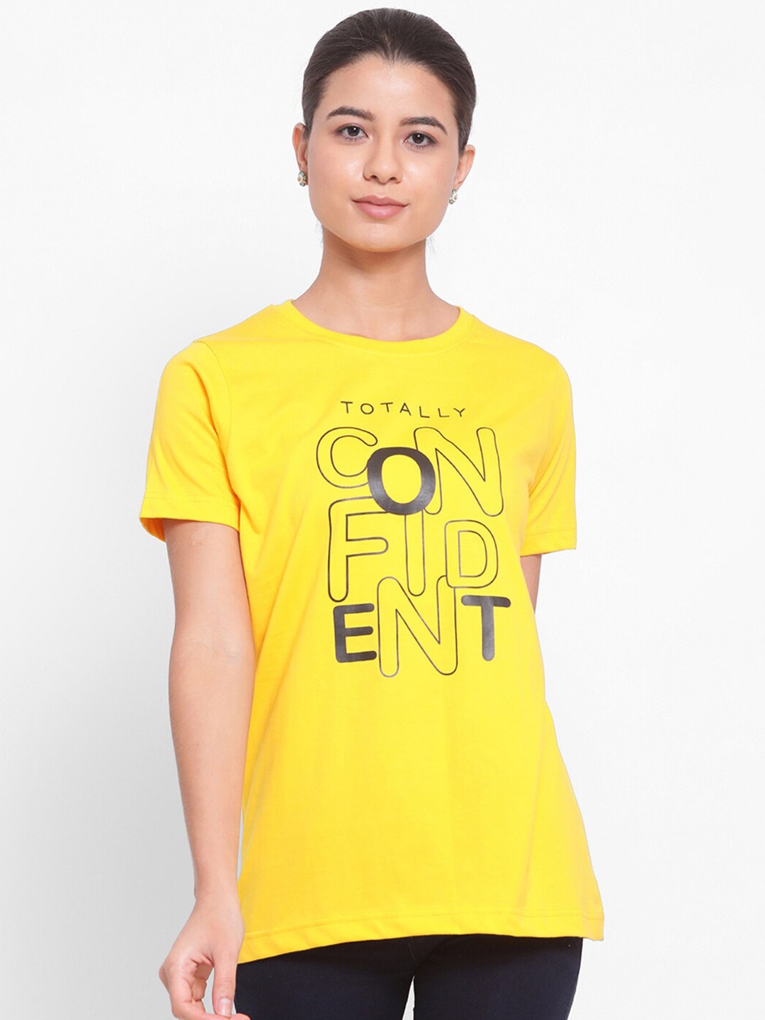 

YOLOCLAN Typography Printed Pure Cotton T-shirt, Yellow