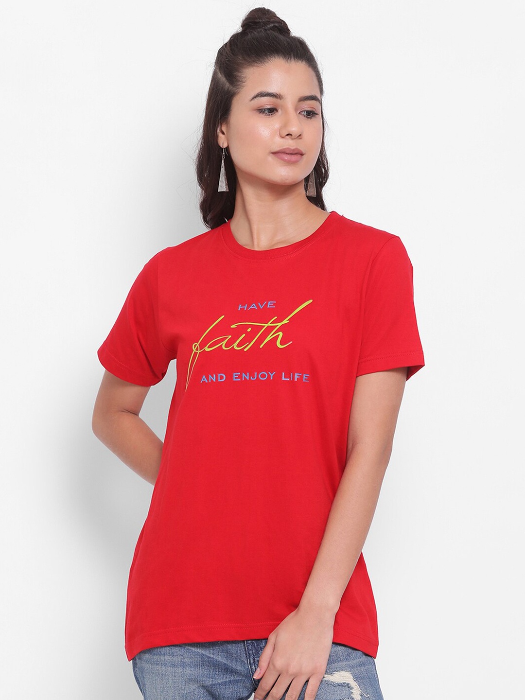 YOLOCLAN Typography Printed Cotton Regular Fit T-shirt, Red