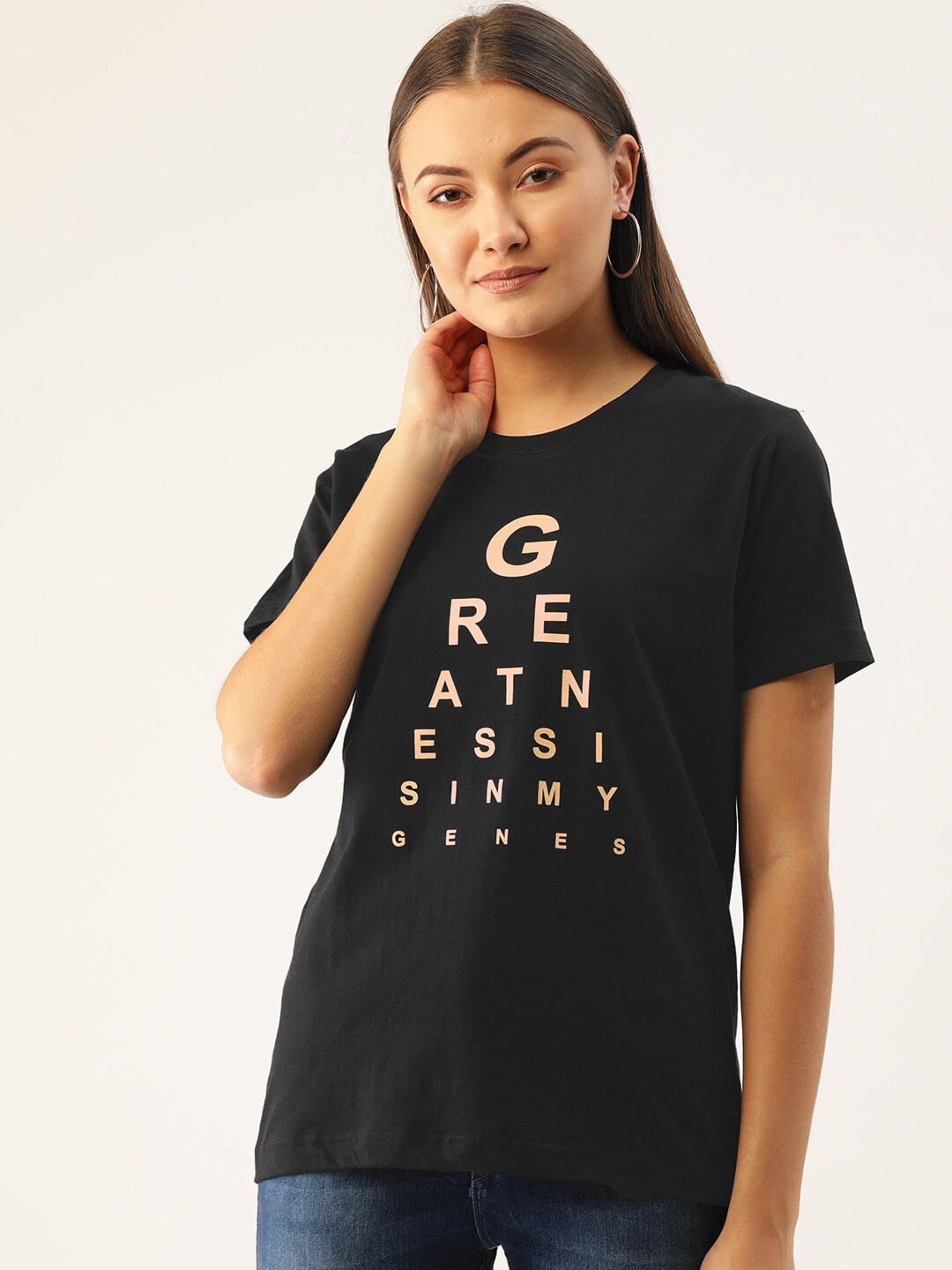 

YOLOCLAN Typography Printed Pure Cotton T-shirt, Black