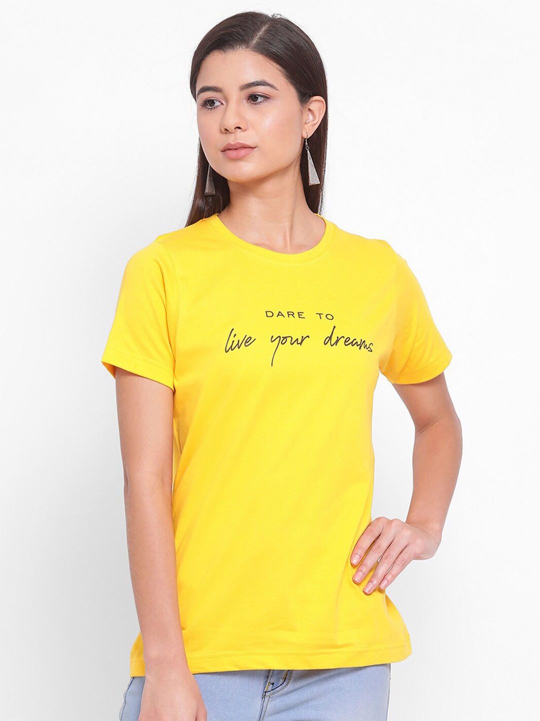

YOLOCLAN Typography Printed Round Neck Pure Cotton T-shirt, Yellow