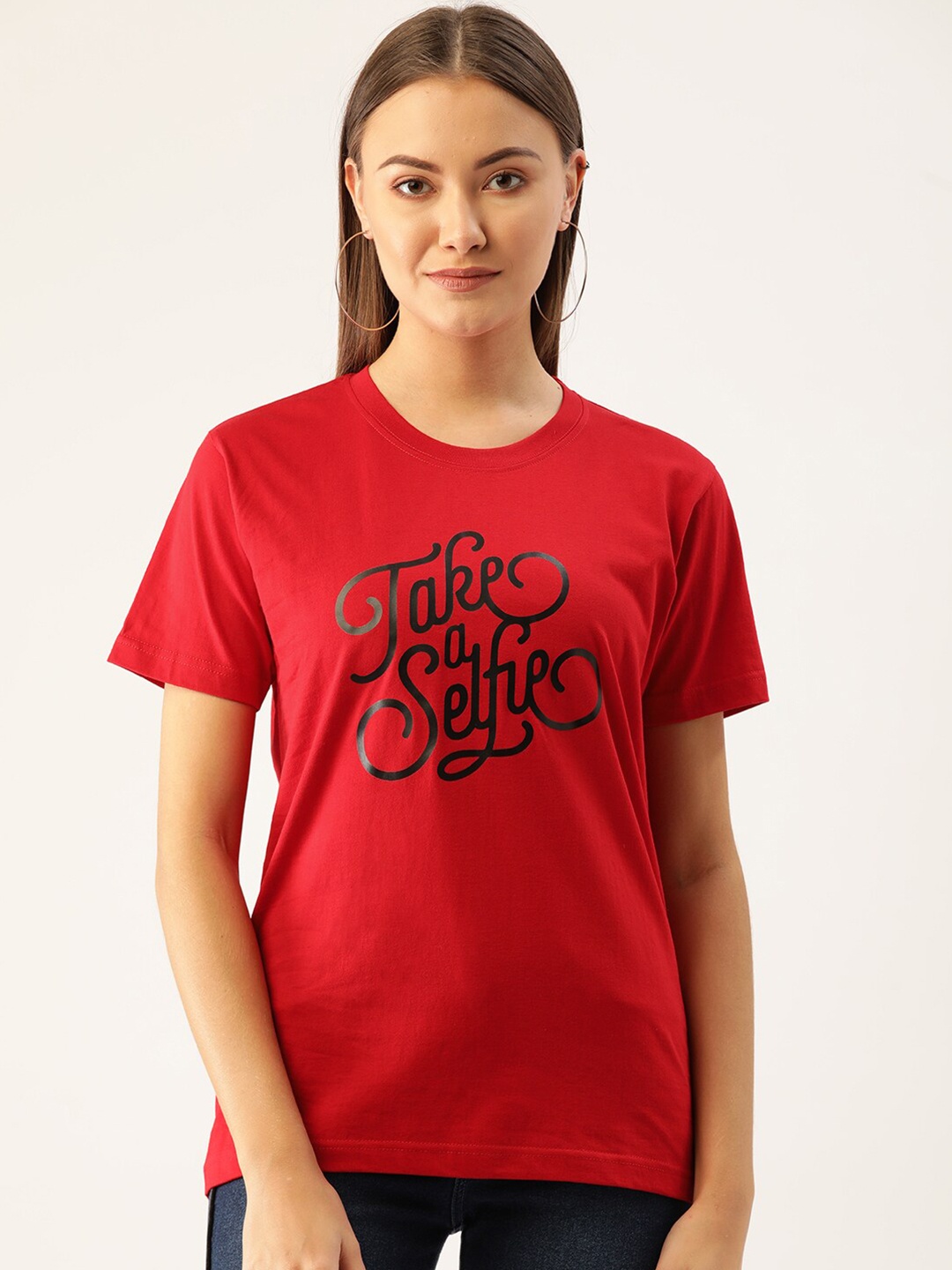 

YOLOCLAN Typography Printed Pure Cotton T-shirt, Red