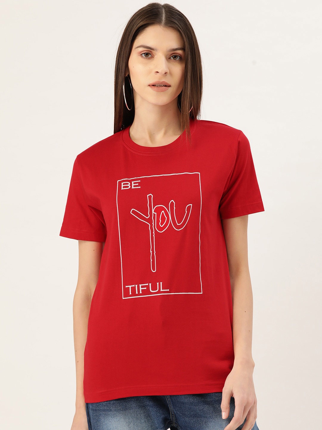 

YOLOCLAN Typography Printed Pure Cotton T-shirt, Red