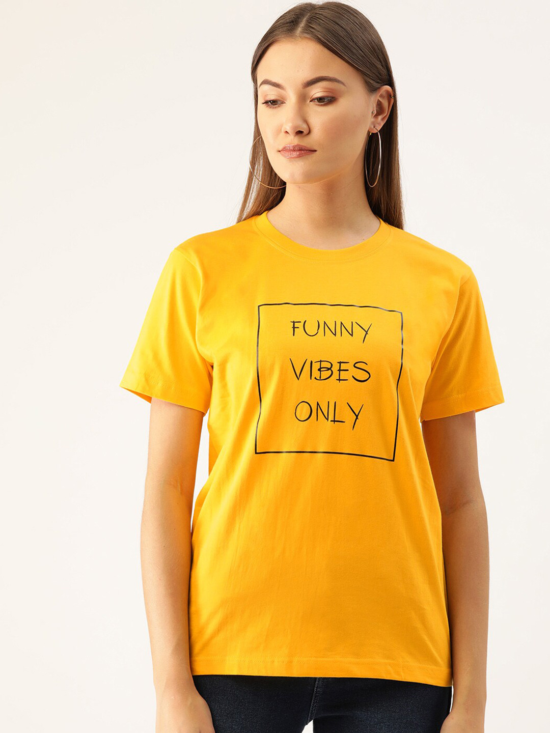 

YOLOCLAN Typography Printed Round Neck Pure Cotton T-shirt, Yellow