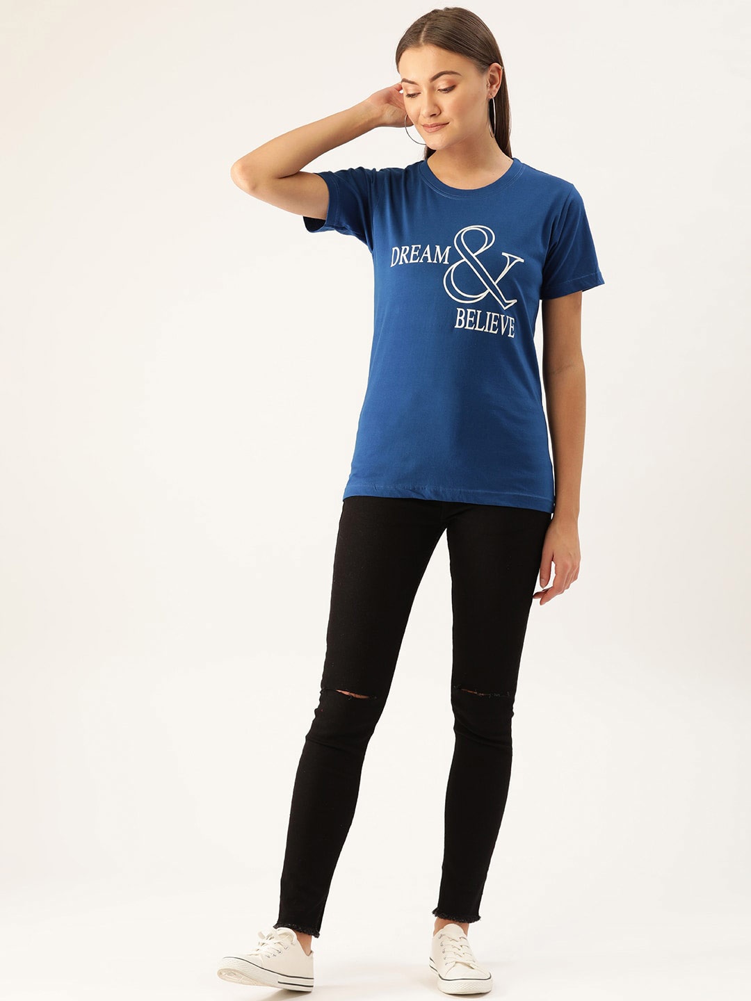 YOLOCLAN Typography Printed Pure Cotton T-shirt, Blue