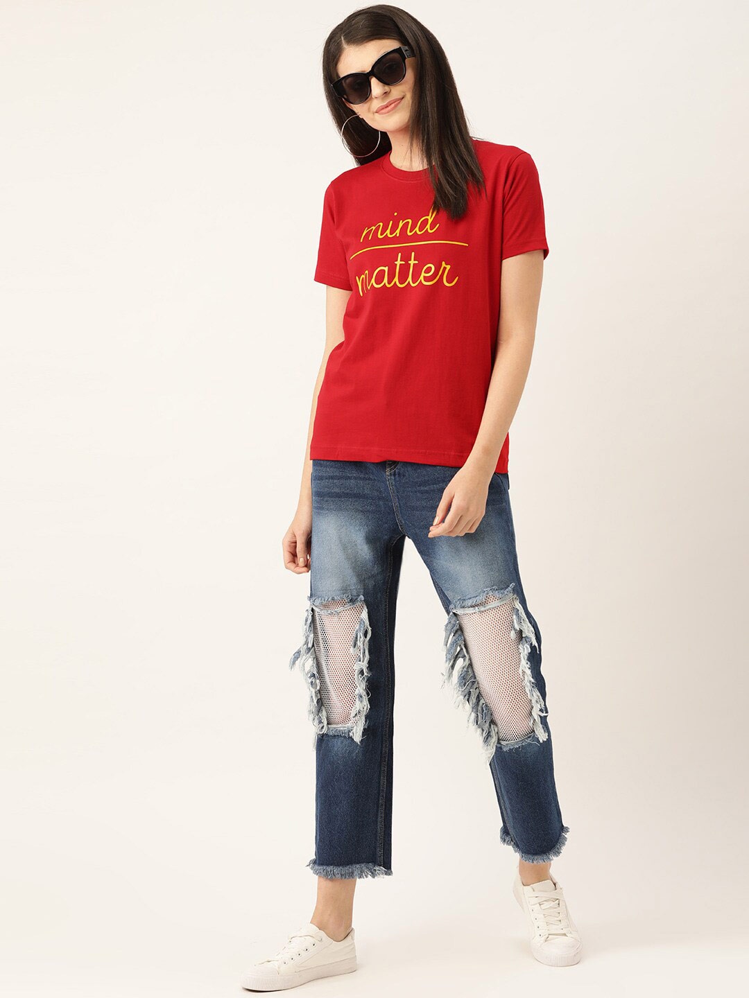 

YOLOCLAN Typography Printed Pure Cotton T-shirt, Red