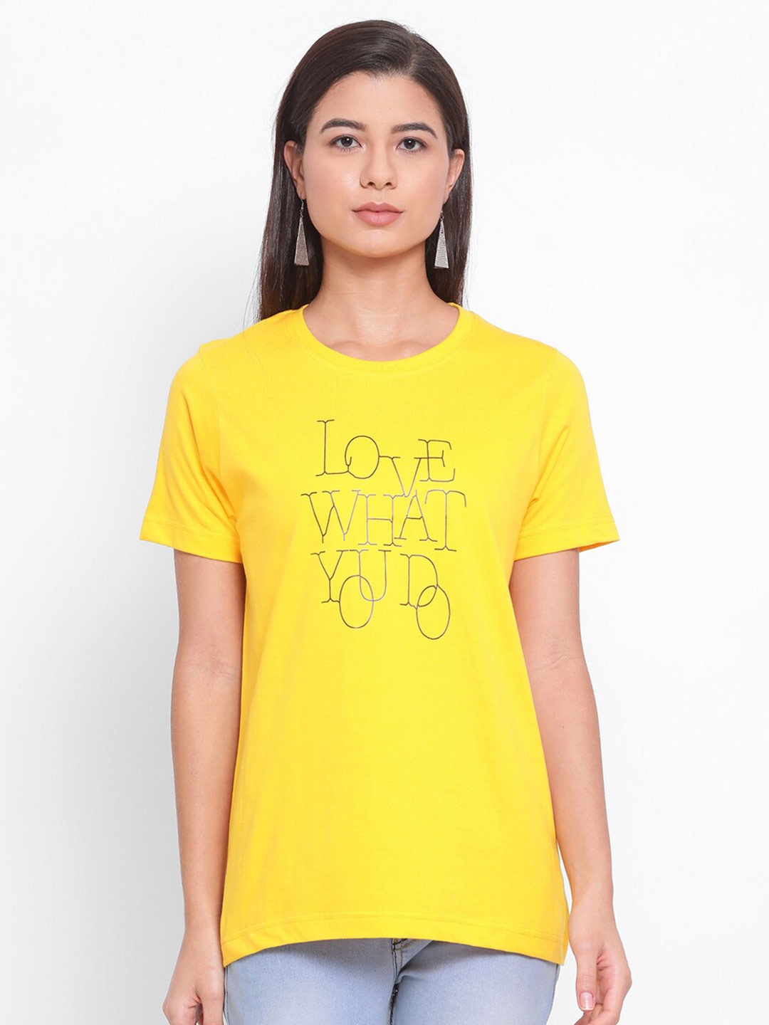 

YOLOCLAN Typography Printed Round Neck Pure Cotton T-shirt, Yellow