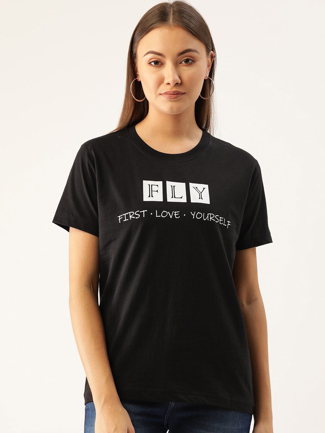 YOLOCLAN Typography Printed Cotton T-shirt, Black