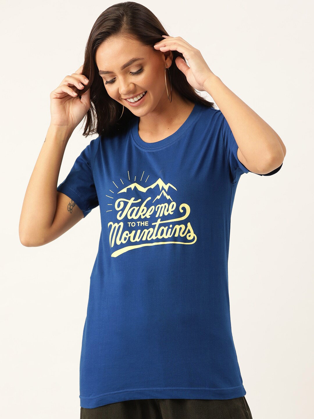 

YOLOCLAN Typography Printed Short Sleeves Pure CottonT-shirt, Blue