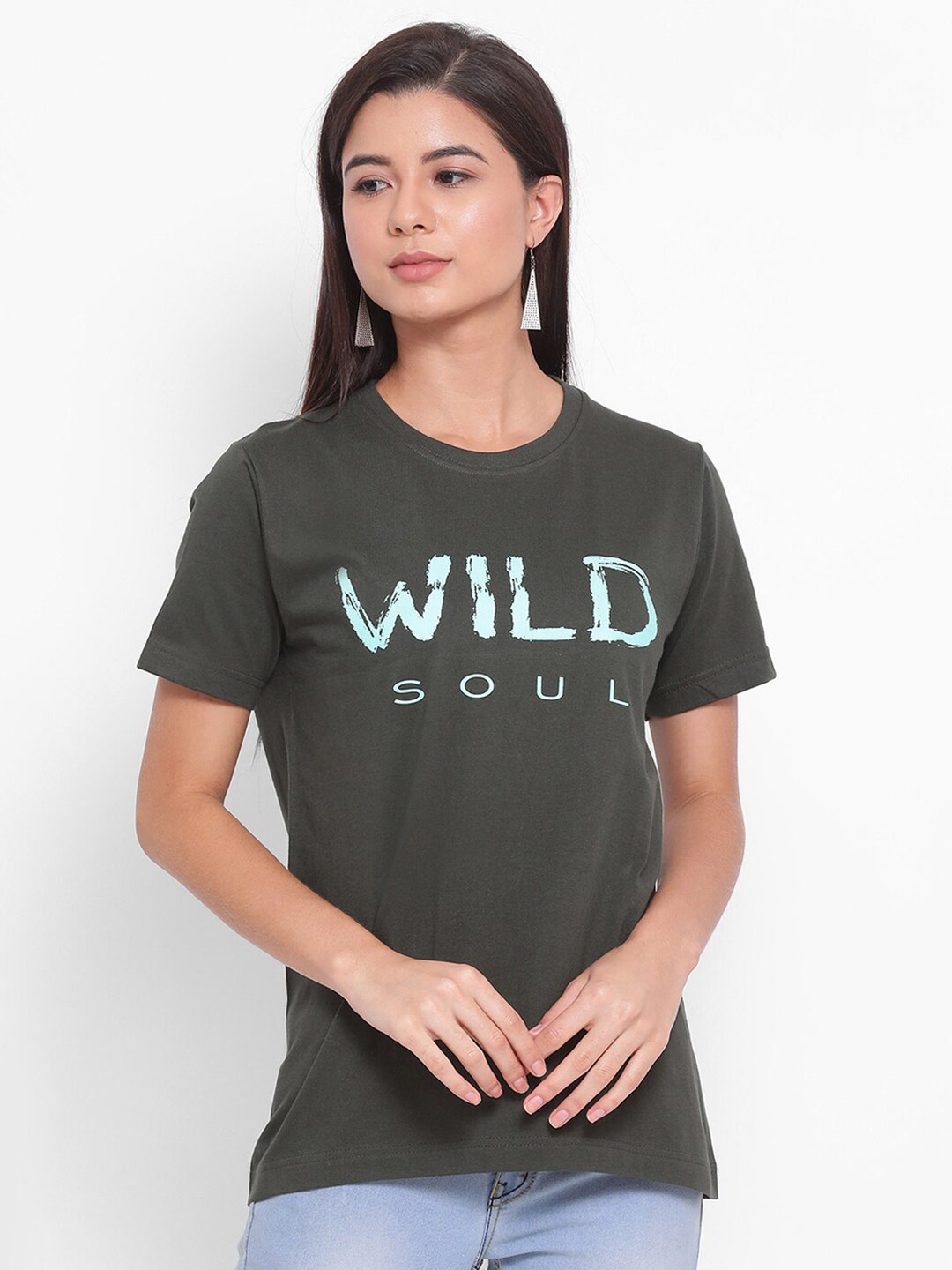 

YOLOCLAN Typography Printed Round Neck Cotton T-shirt, Green