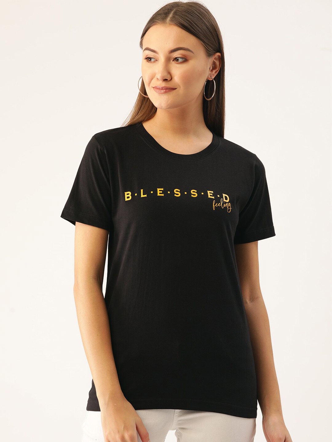 

YOLOCLAN Typography Printed Pure Cotton T-shirt, Black