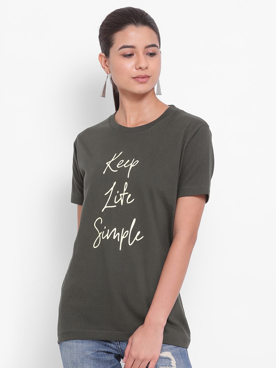 

YOLOCLAN Typography Printed Pure Cotton T-shirt, Olive