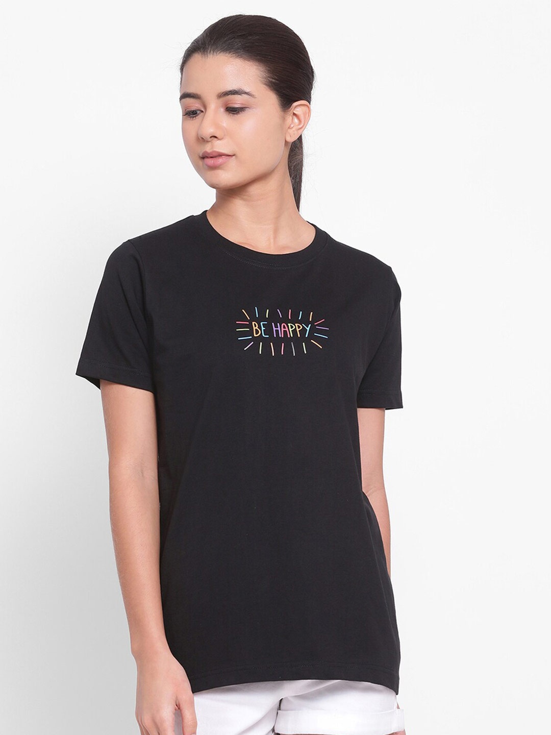 YOLOCLAN Typography Printed Cotton T-shirt, Black