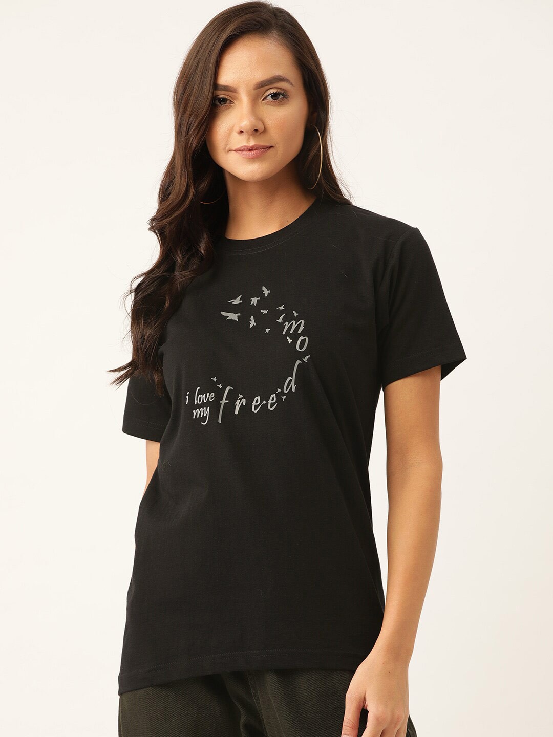 

YOLOCLAN Typography Printed Pure Cotton T-shirt, Black