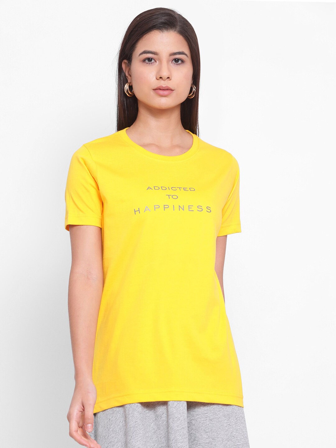 

YOLOCLAN Typography Printed Pure Cotton T-shirt, Yellow