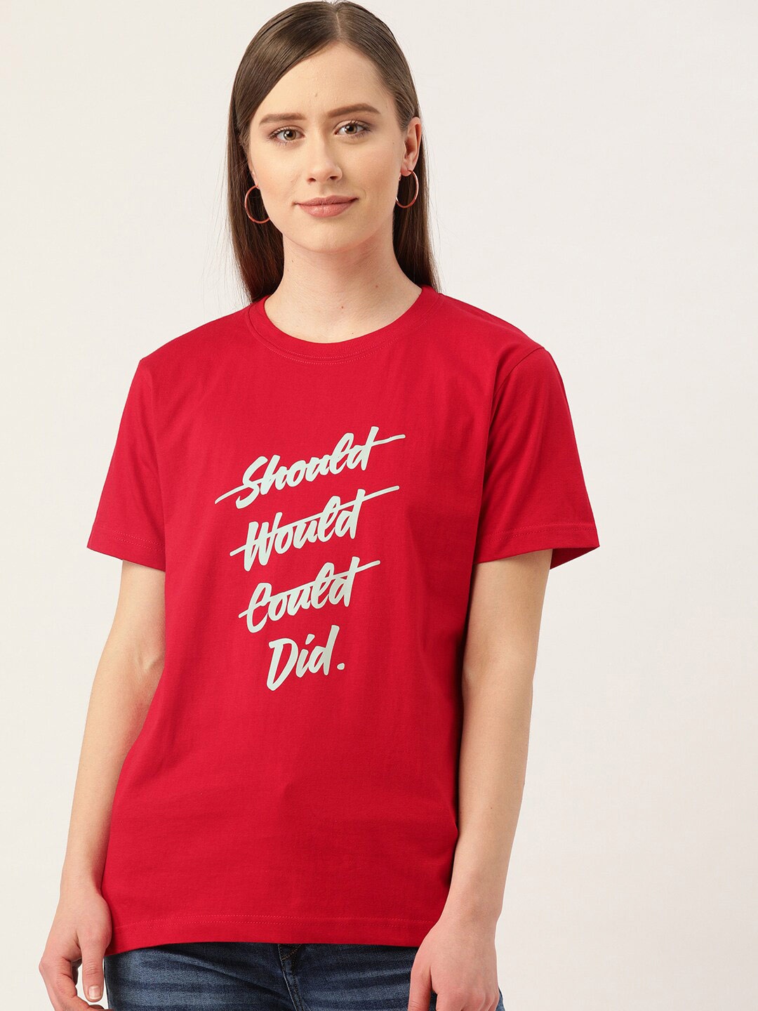 

YOLOCLAN Typography Printed Pure Cotton T-shirt, Red