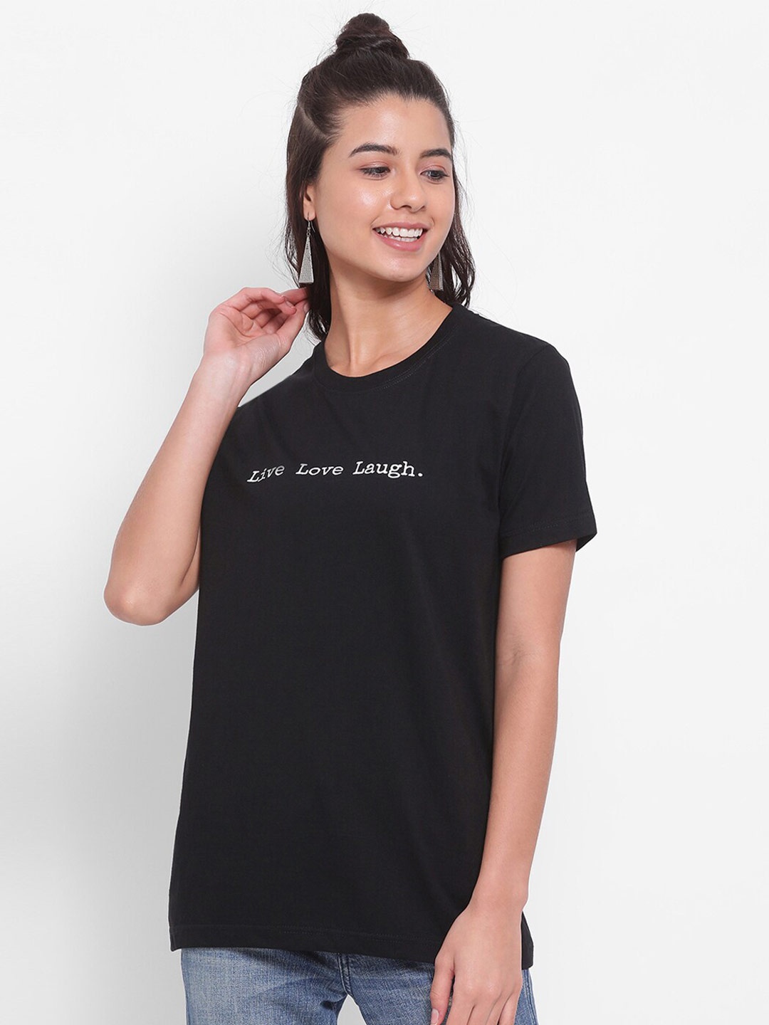 

YOLOCLAN Typography Printed Round Neck Pure Cotton T-shirt, Black