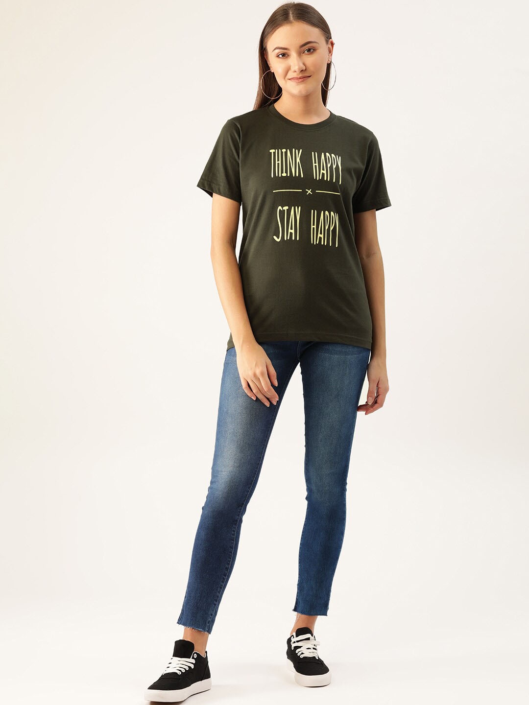 

YOLOCLAN Typography Printed Round Neck Pure Cotton T-shirt, Green