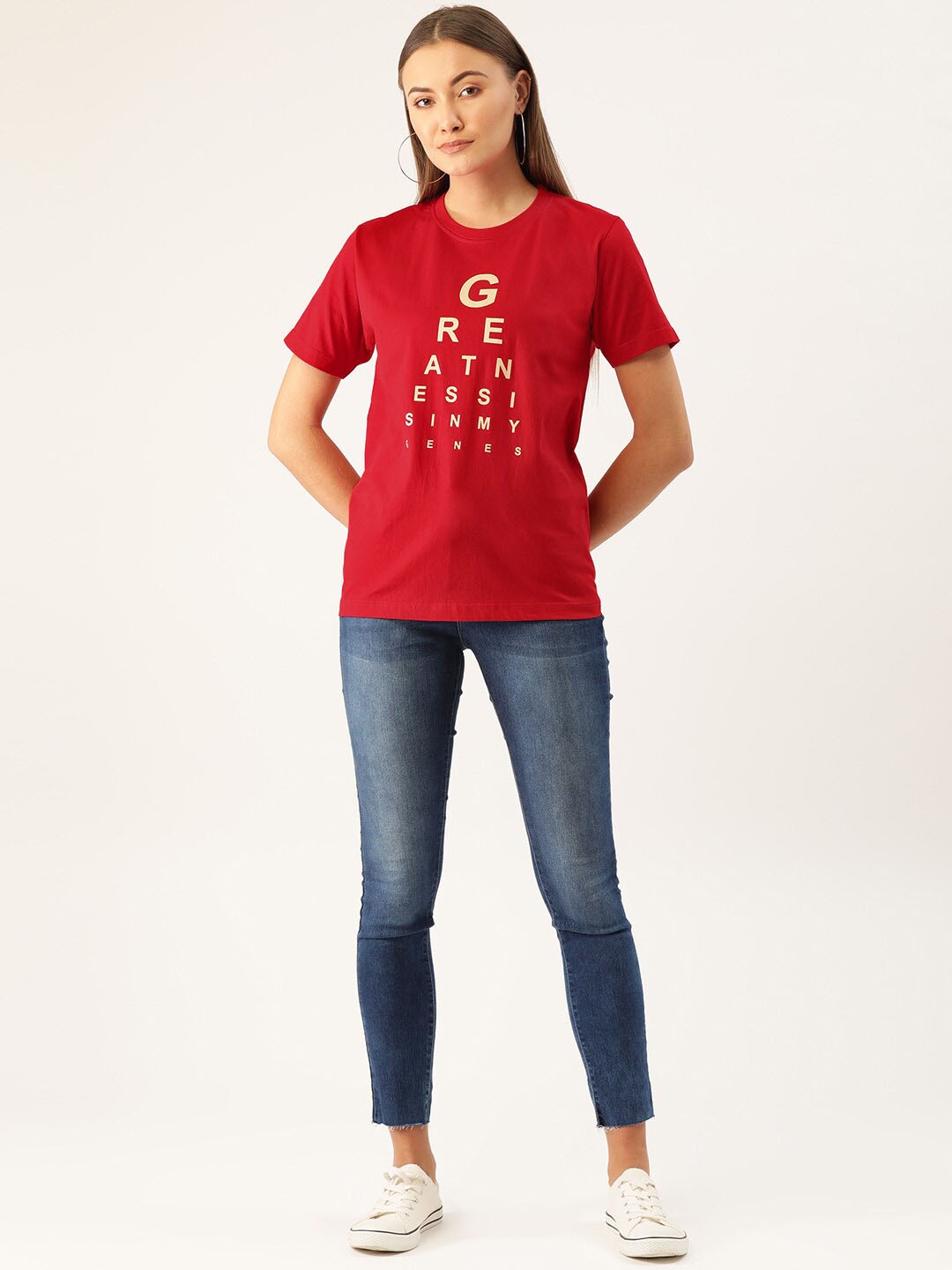 YOLOCLAN Typography Printed Round Neck Cotton T-shirt, Red