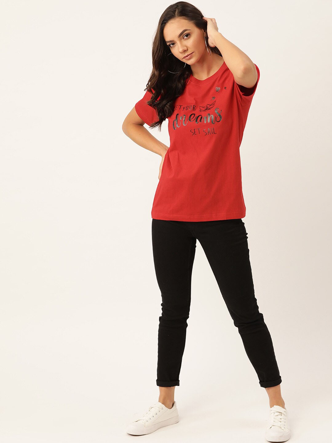

YOLOCLAN Typography Printed Short Sleeves Pure Cotton T-shirt, Red