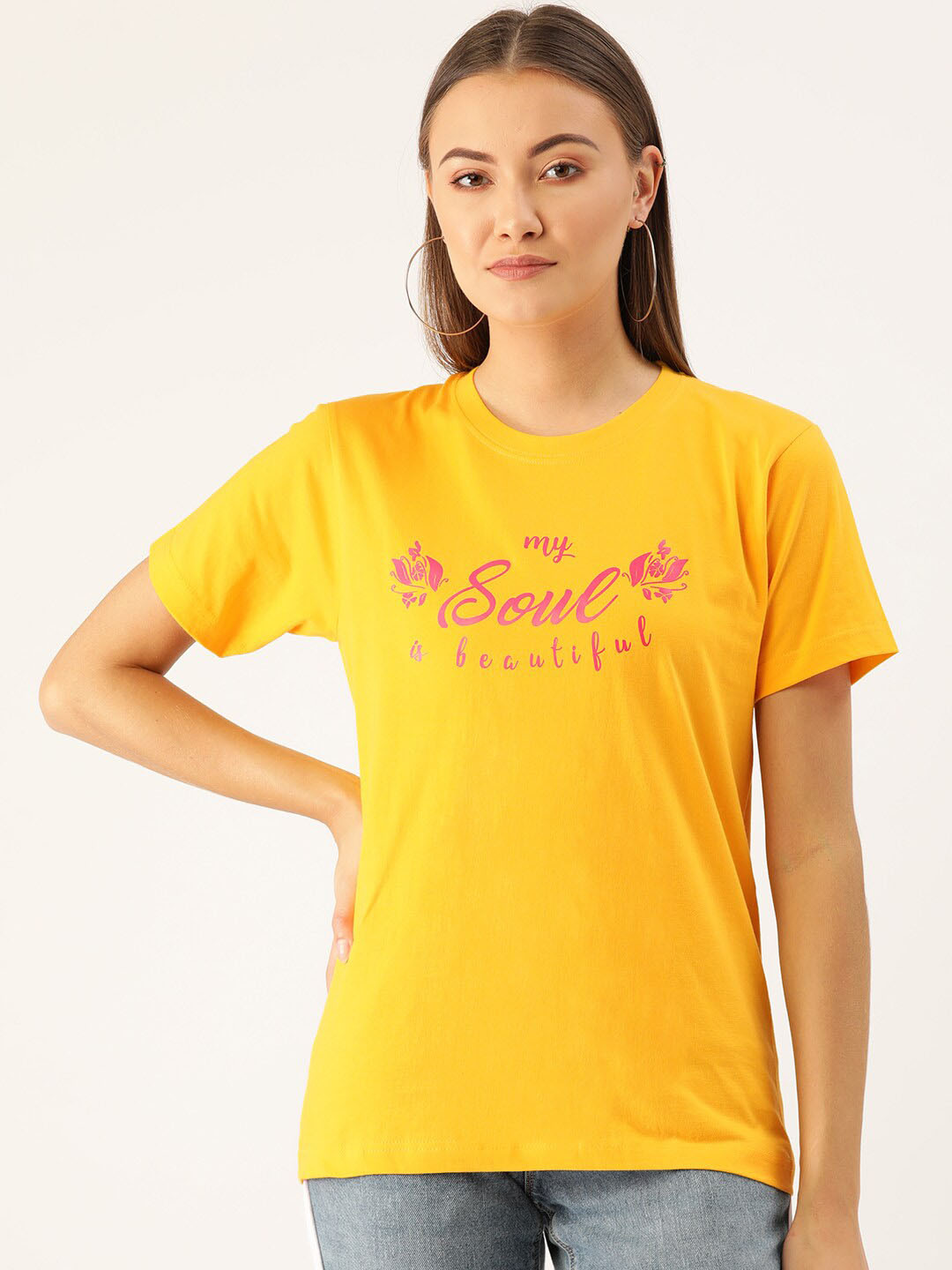 

YOLOCLAN Typography Printed Short Sleeves Pure Cotton T-shirt, Yellow