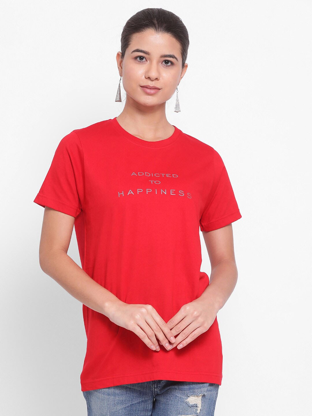 

YOLOCLAN Typography Printed Round Neck Cotton T-shirt, Red