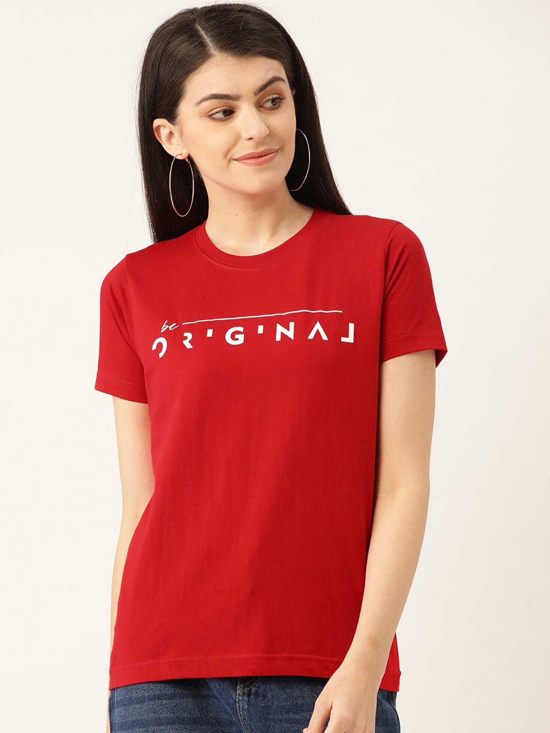 YOLOCLAN Typography Printed Short Sleeves Pure Cotton T-shirt, Red
