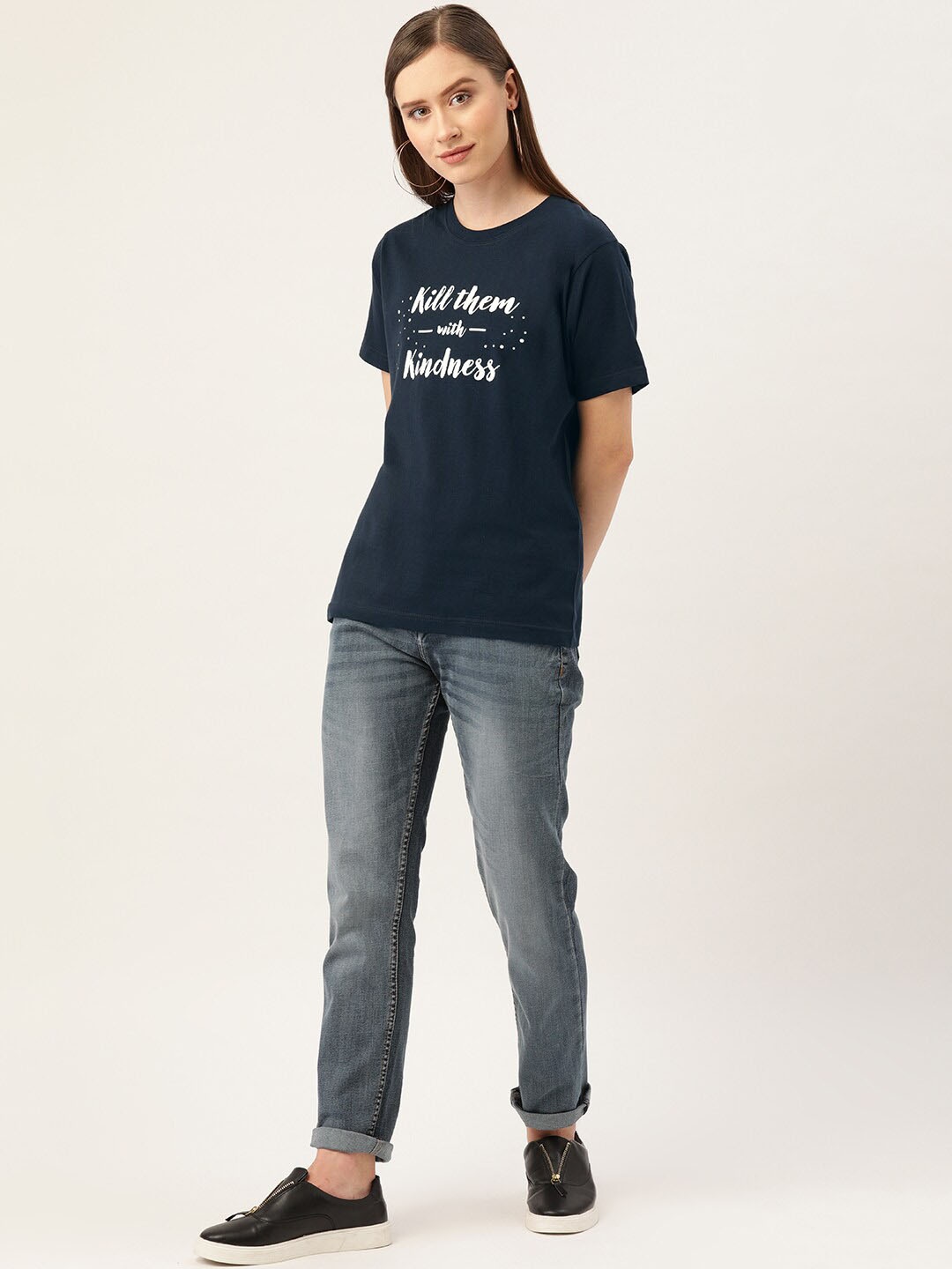 YOLOCLAN Typography Printed Pure Cotton T-shirt, Navy blue