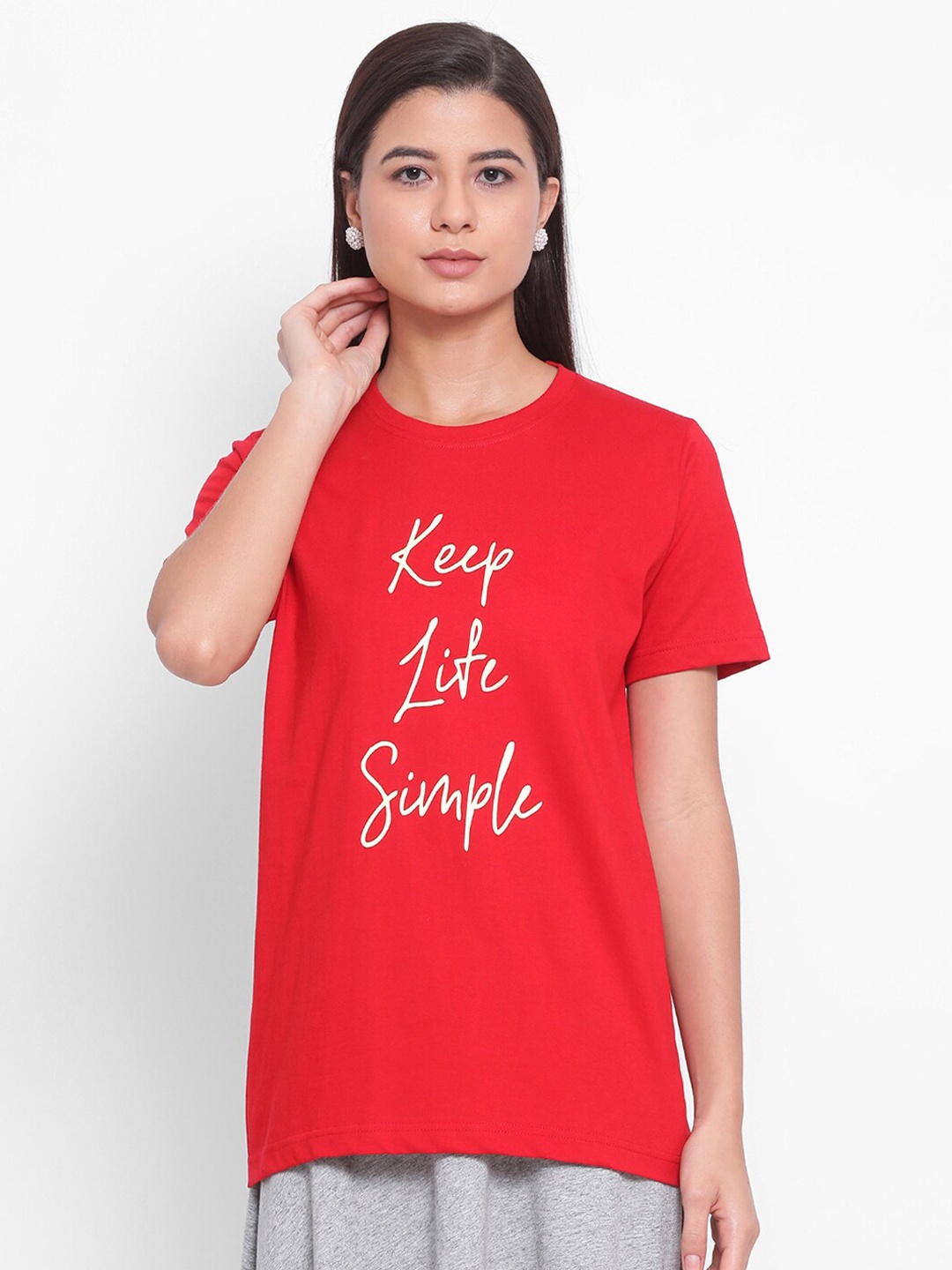 

YOLOCLAN Typography Printed Cotton T-shirt, Red