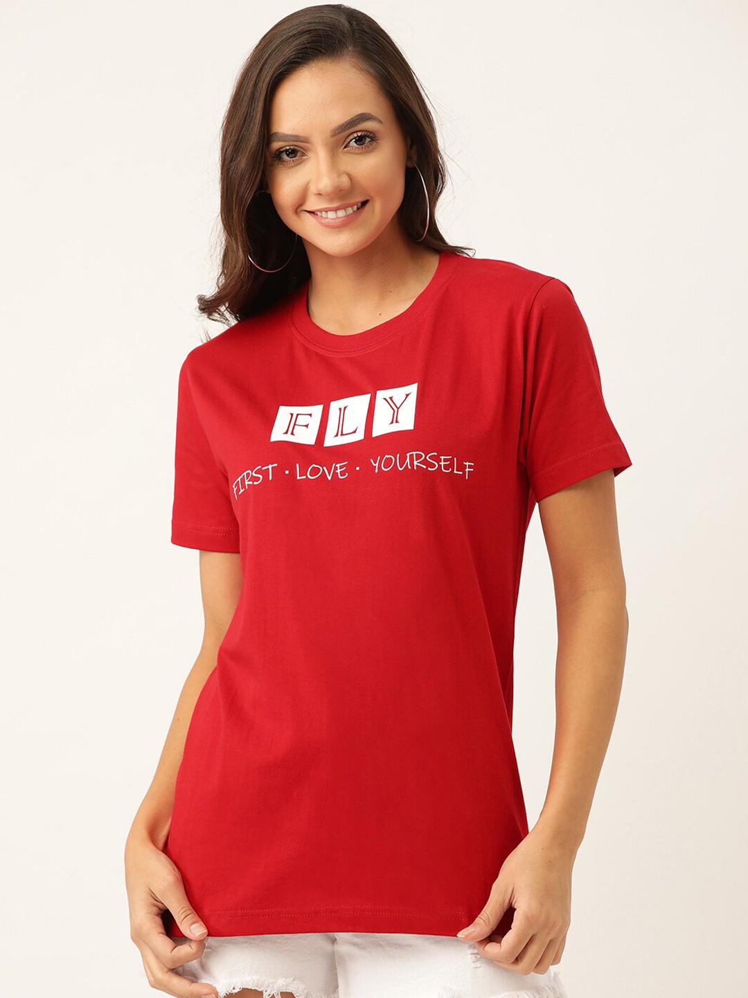 

YOLOCLAN Typography Printed Pure Cotton T-shirt, Red
