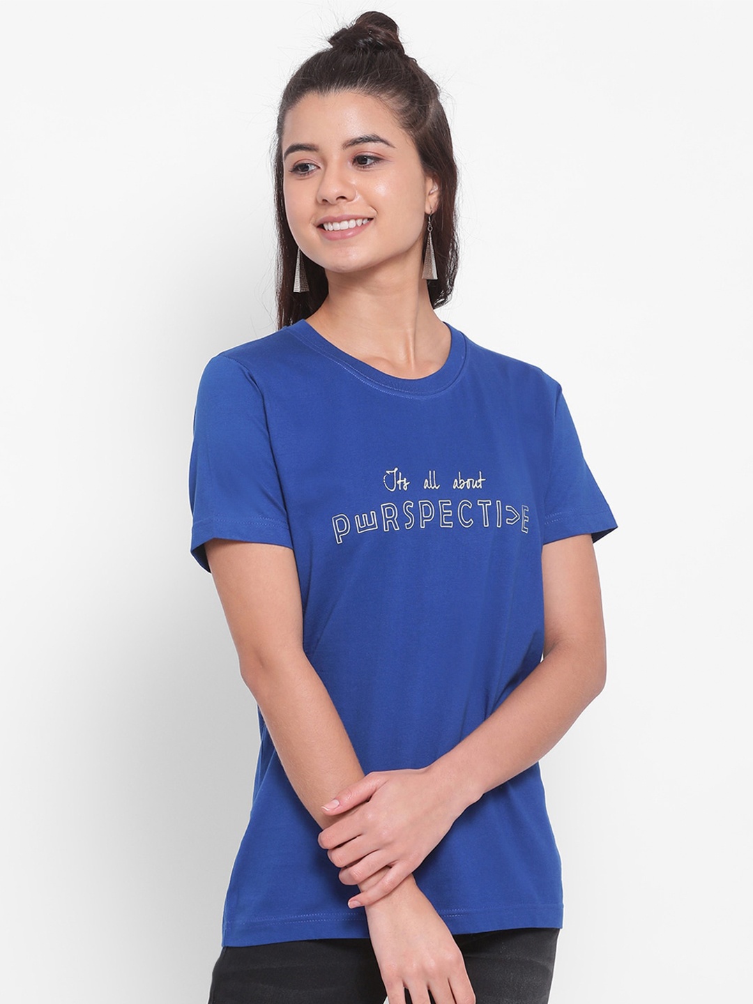 

YOLOCLAN Typography Printed Pure Cotton T-shirt, Blue