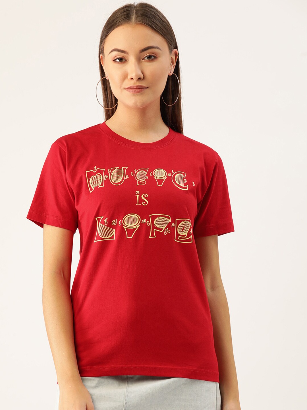 

YOLOCLAN Typography Printed Pure Cotton T-shirt, Red