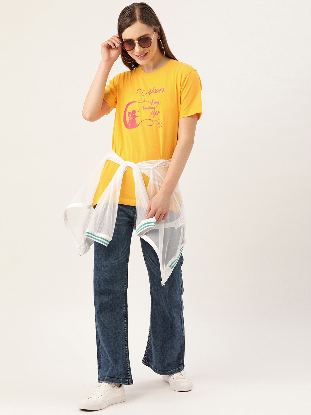 

YOLOCLAN Typography Printed Pure Cotton T-shirt, Yellow