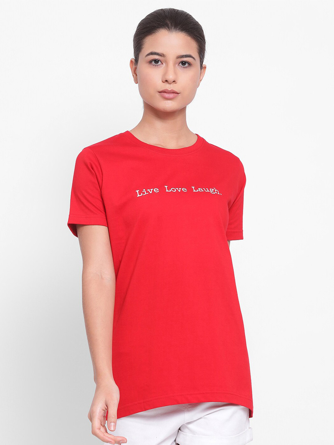 

YOLOCLAN Typography Printed Round Neck Short Sleeves Pure Cotton T-shirt, Red