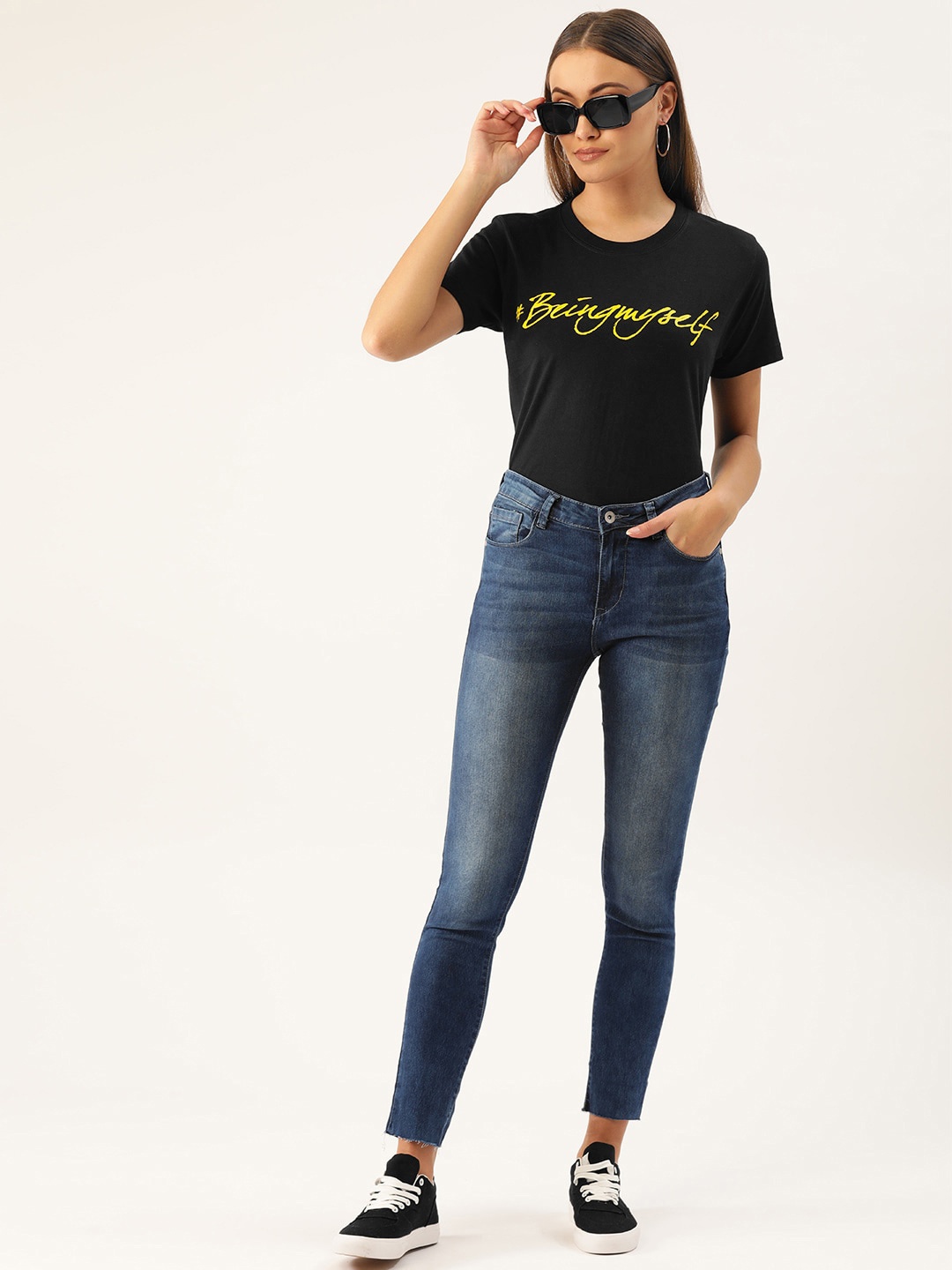 

YOLOCLAN Typography Printed Round Neck Pure Cotton T-shirt, Black