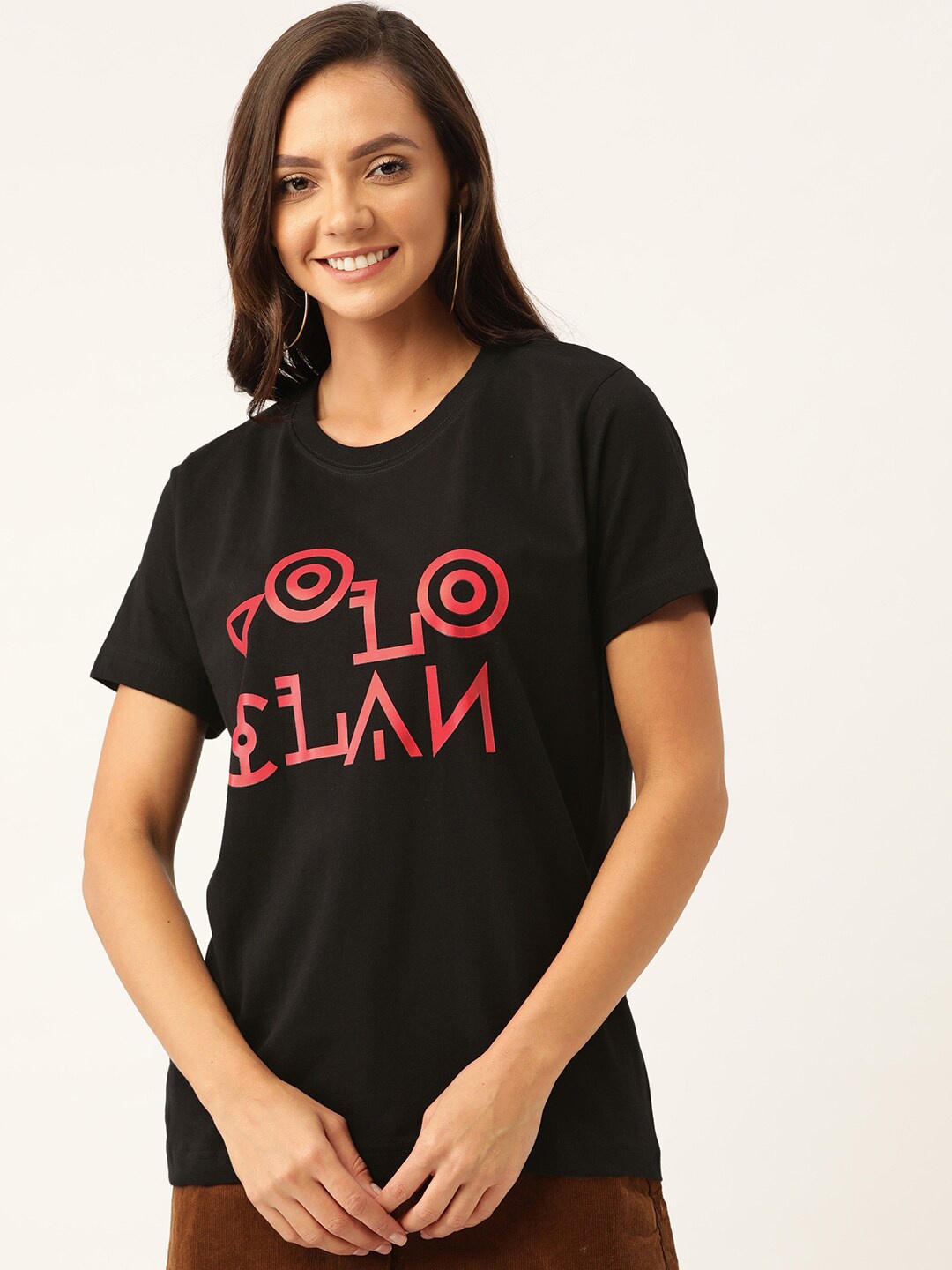 

YOLOCLAN Typography Printed Short Sleeves Pure Cotton T-shirt, Black